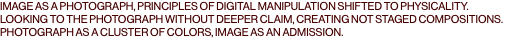 IMAGE AS A PHOTOGRAPH, PRINCIPLES OF DIGITAL MANIPULATION SHIFTED TO PHYSICALITY. LOOKING TO THE PHOTOGRAPH WITHOUT DEEPER CLAIM, CREATING NOT STAGED COMPOSITIONS. PHOTOGRAPH AS A CLUSTER OF COLORS, IMAGE AS AN ADMISSION.